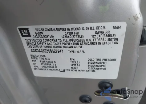 2005 Buick Rendezvous Cx z USA, uszkodzony, nr VIN 3G5DA03E35S527947